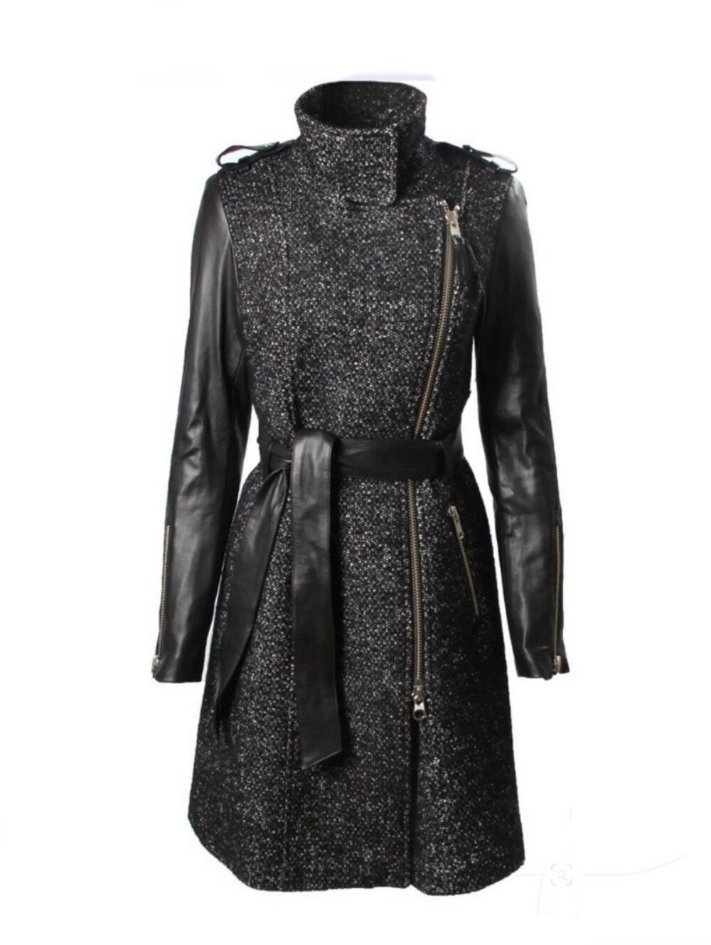 Mackage Black Tweed and Leather Belted Trench Coat